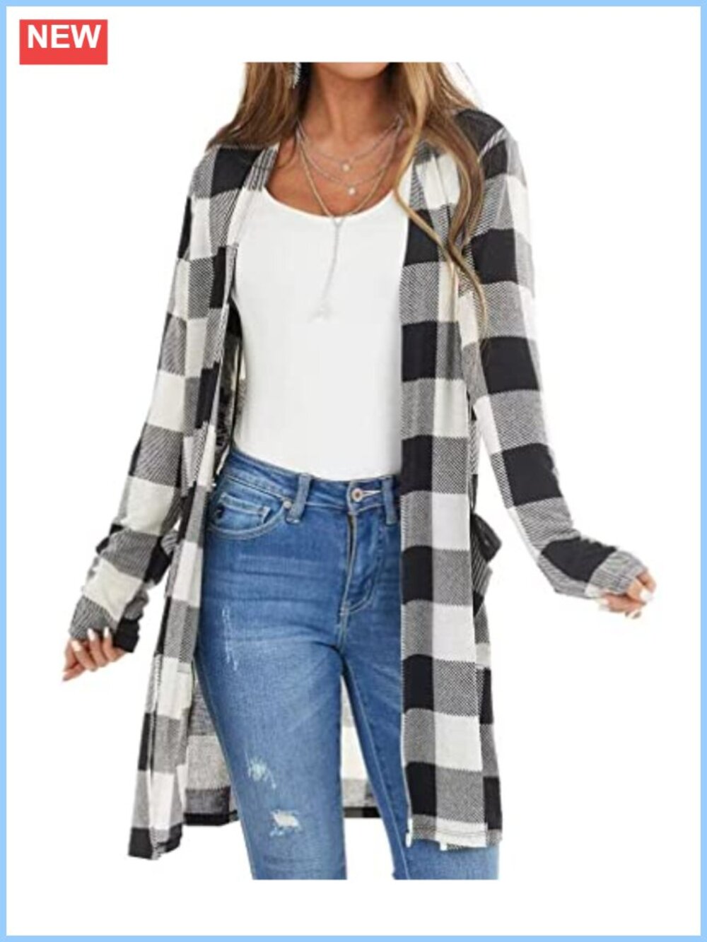 Lacozy Open Front Long Cardigan Kimono Sleeve Snap Plaid Knit Sweater